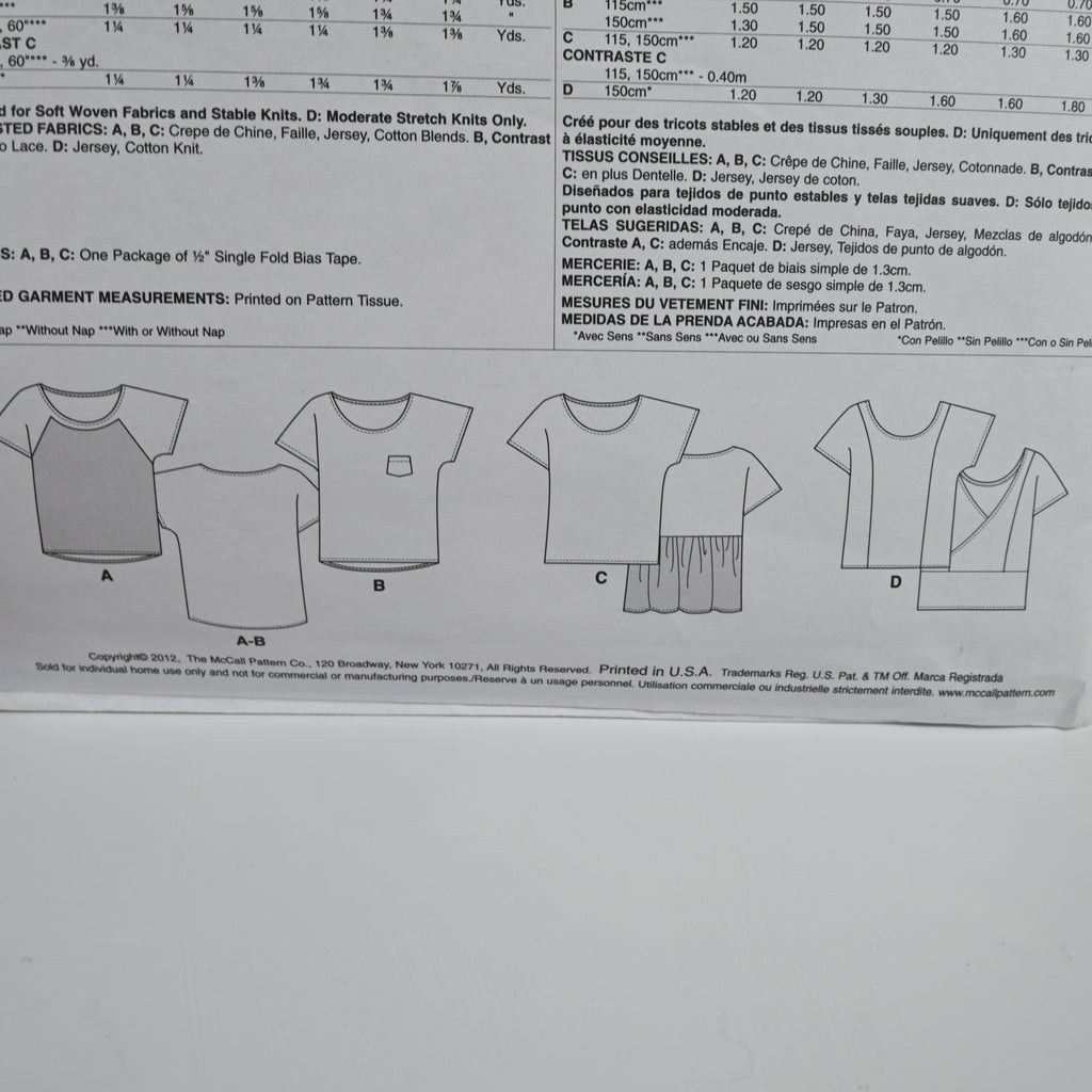 McCall's Sewing Pattern Misses ZZ (L-XXL) Pullover Tops Uncut Factory Folded
