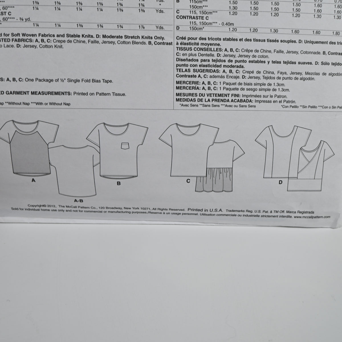 McCall's Sewing Pattern Misses ZZ (L-XXL) Pullover Tops Uncut Factory Folded